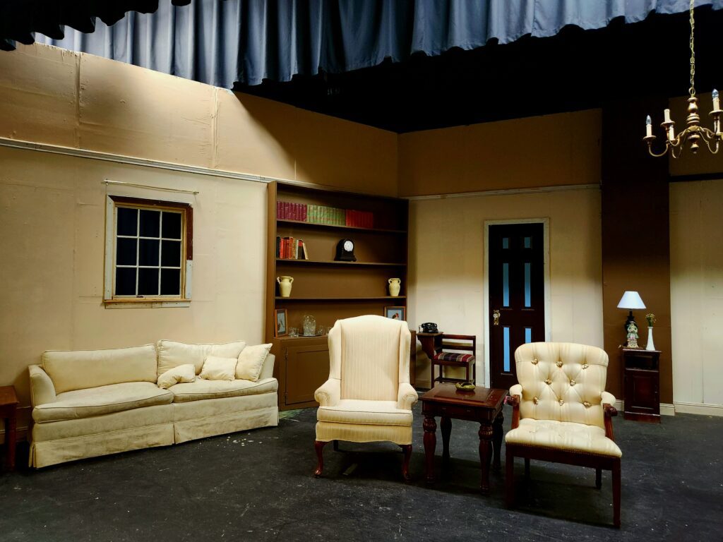 set design for agatha christie's a murder is announced at foothills playhouse easley sc